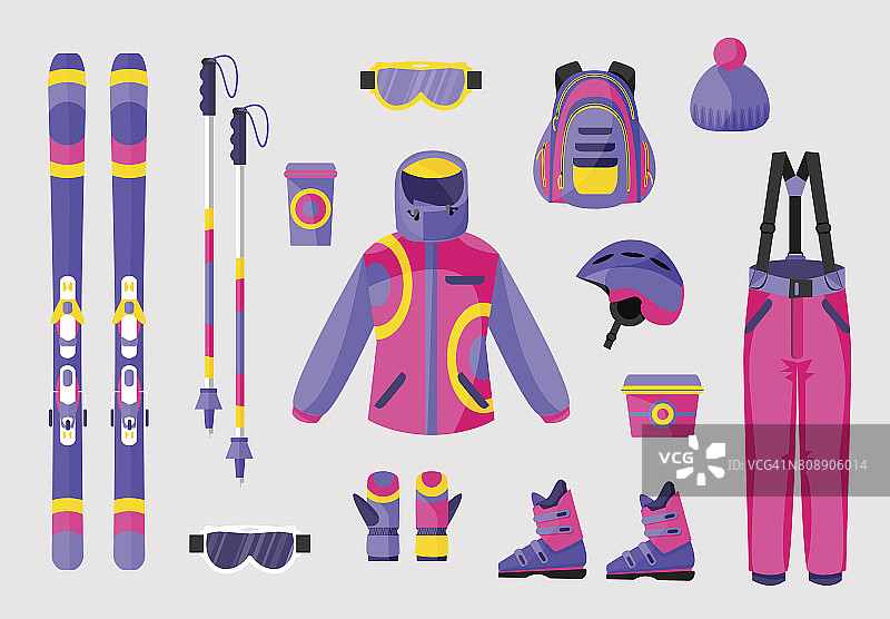 一套滑雪板装备，服装设备图标，平面矢量插图图片素材