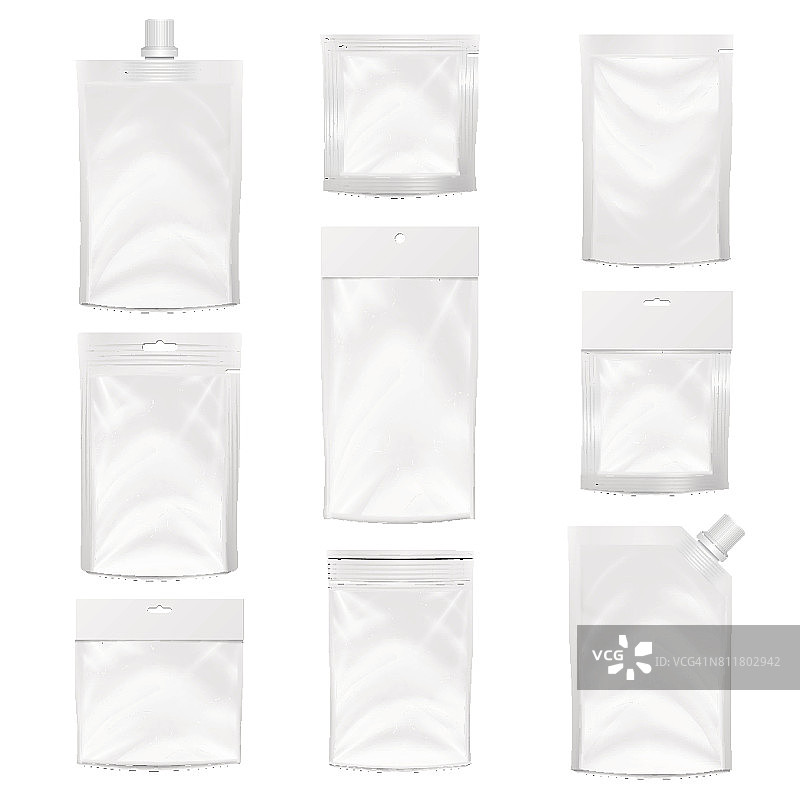 塑料口袋矢量空白。包装设计。真实的模拟模板的白色塑料口袋袋。空挂槽。白色清洁Doypack袋包装与角嘴盖。孤立的插图图片素材