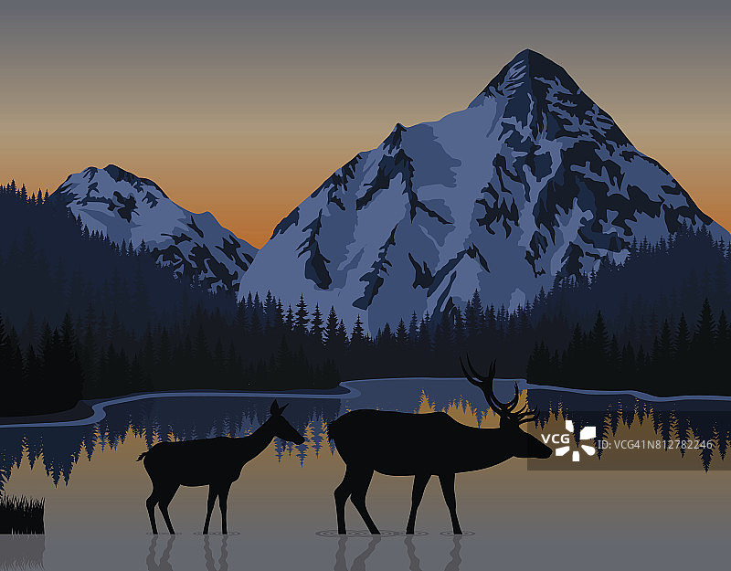 矢量蓝色的早晨在山湖与一对鹿图片素材