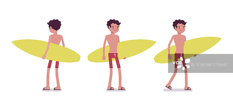 年轻人穿着夏日海滩装和冲浪板图片素材