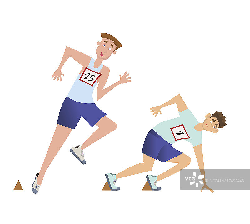 运动员短跑运动员开始。两个人在赛跑比赛的起点。矢量插图，孤立在白色背景上。图片素材