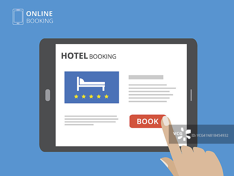 网上预订酒店的设计理念。用手触摸屏幕的平板电脑。显示与书按钮和床图标。图片素材