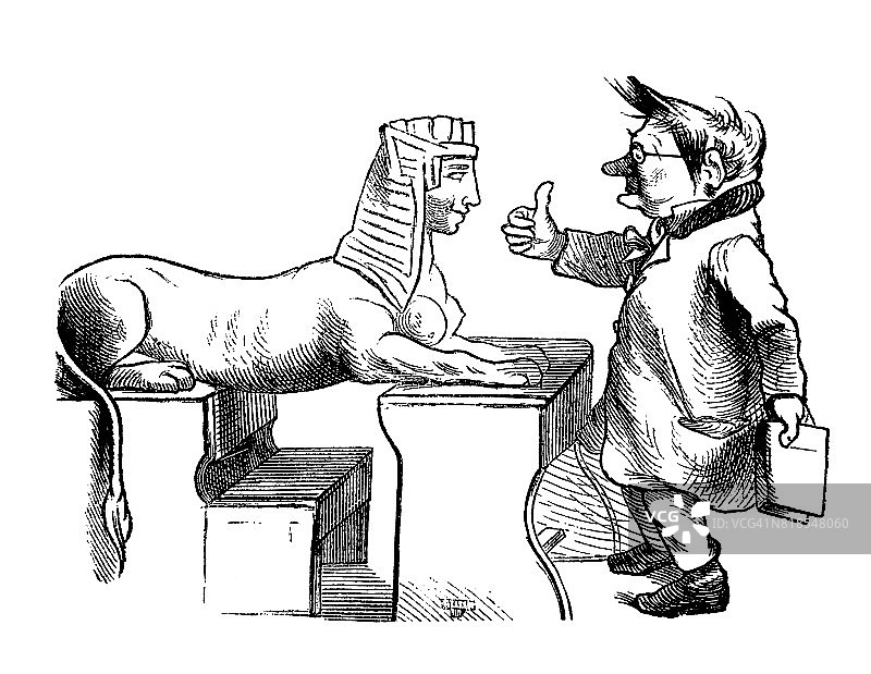 老师向狮身人面像竖起大拇指。狮身人面像坐在学校的长凳上。幽默场景——1867年图片素材