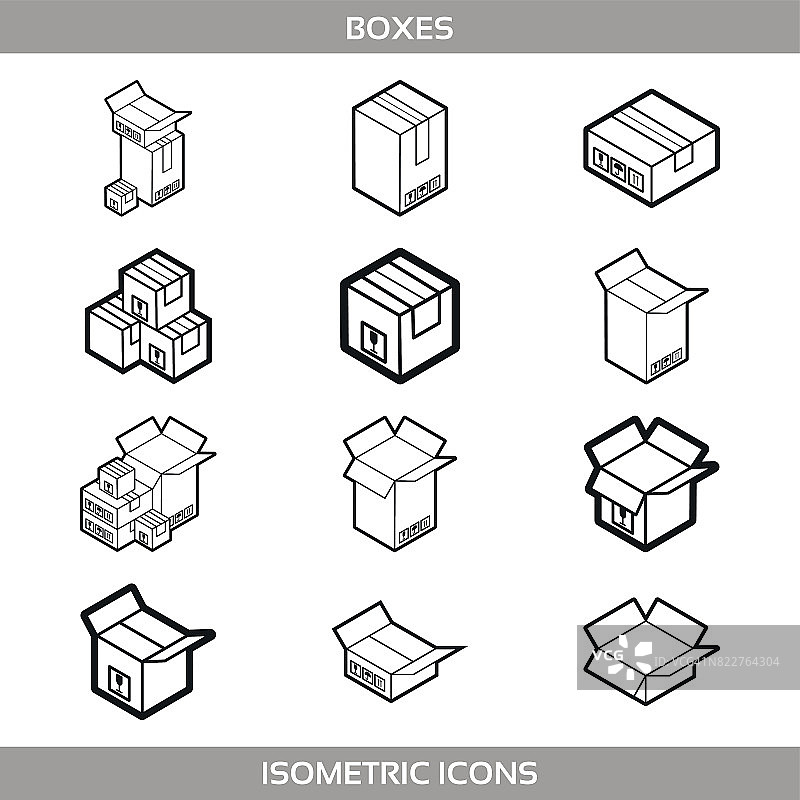 等距纸箱包装盒设置在线条艺术风格与邮政标志，这面向上脆弱的矢量插图图片素材
