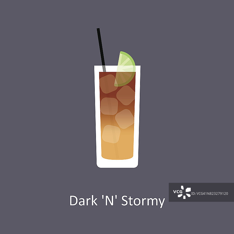 黑暗'N'暴风雨鸡尾酒图标在黑暗的背景在平坦的风格图片素材