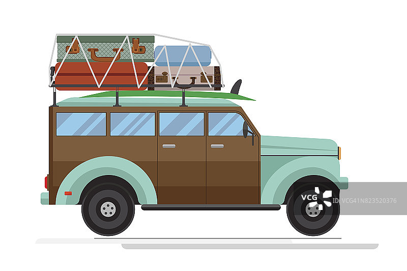 孤立的旧汽车和大行李的屋顶。平面设计。向量。图片素材