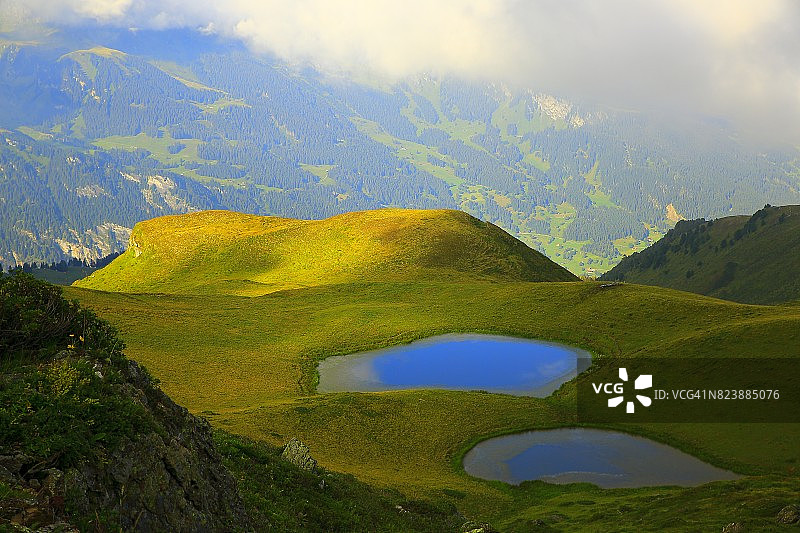 格林德沃和法里附近的湖泊鸟瞰图在春天鲜花盛开的风景:田园诗般的高山花圃山谷和野花草地，戏剧性的瑞士雪山，田园诗般的乡村，伯恩斯高地，瑞士阿尔卑斯山，瑞士图片素材