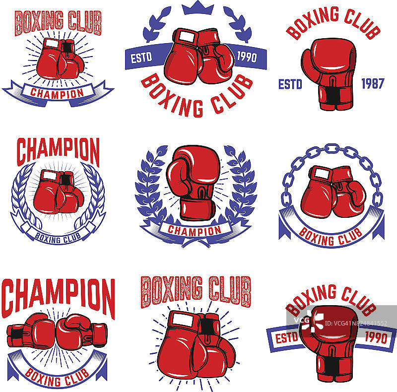 一套拳击俱乐部标志。拳击手套。设计元素为标签，徽章，标志，品牌标志。矢量图图片素材