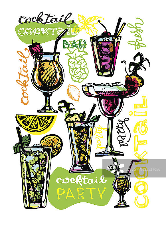 鸡尾酒。元素为平面设计的菜单酒吧，餐厅，邀请，公告。手绘素描一套酒精鸡尾酒。的矢量图图片素材