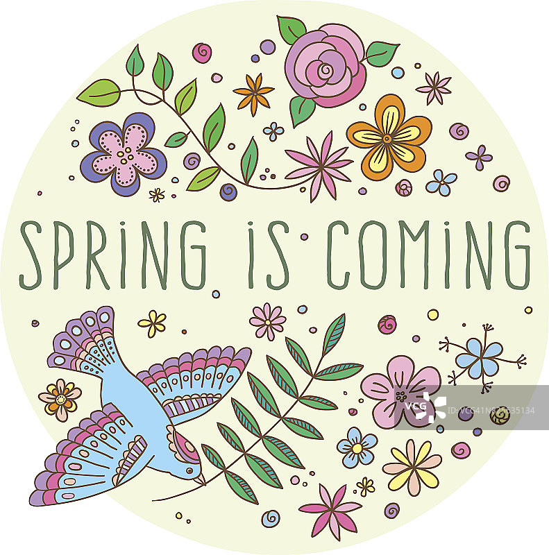 矢量字母春天来了装饰花和鸟元素的白色和米色背景，手绘鲜花和树叶贺卡，邀请和网页设计。矢量插图。图片素材