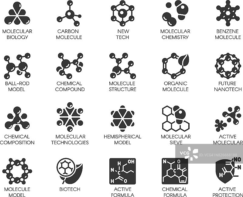 完美的20个图标在平面风格的科学，化学，物理，医疗，教育项目。向量抽象黑色标志孤立图片素材