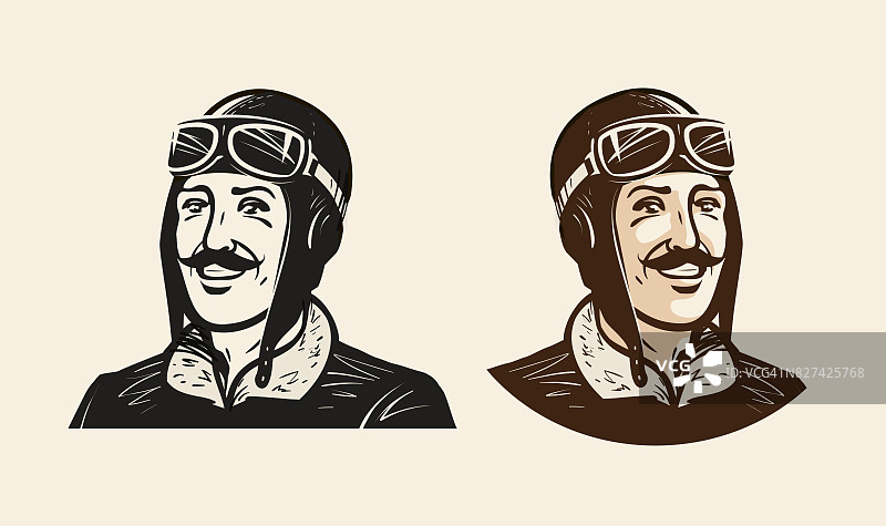 微笑飞行员或赛车手的肖像。复古素描矢量图图片素材