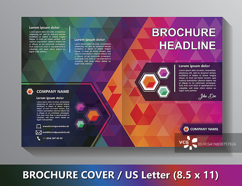 手册封面模板。抽象三角形-绿色，红色，橙色，淡紫色，蓝色图片素材