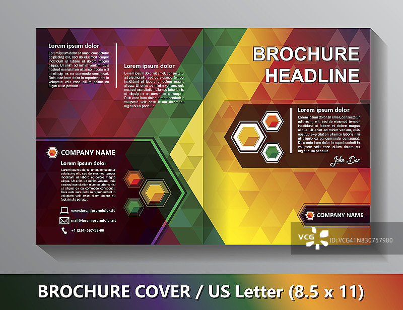 手册封面模板。抽象三角形-绿色，红色，橙色，黄色，淡紫色图片素材