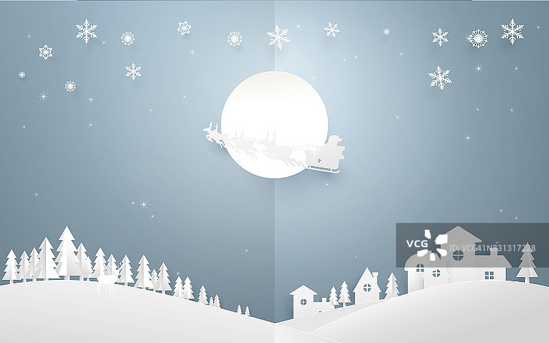 圣诞快乐的背景。圣诞老人驾着驯鹿雪橇在满月时飞过乡村城市。纸张艺术和折纸风格设计图片素材