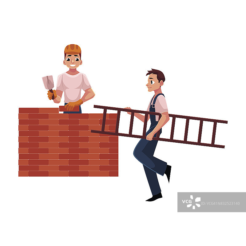 建筑工人，建筑商——砌砖墙，又搬梯子图片素材