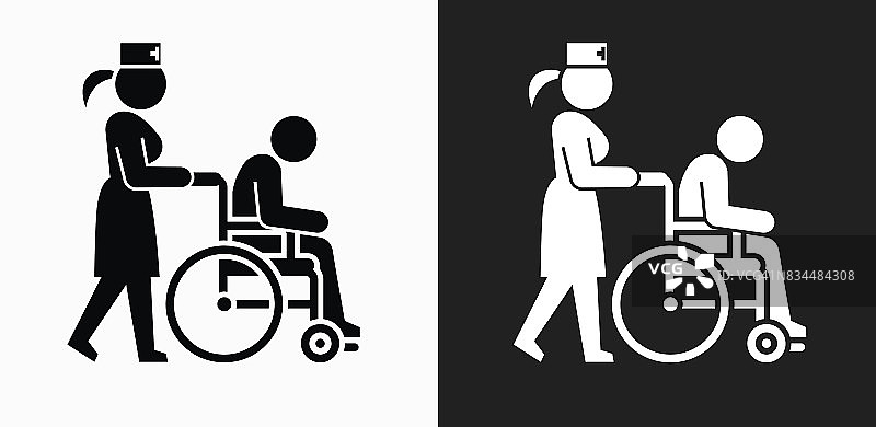 轮椅上的病人和女性护士图标上的黑色和白色矢量背景图片素材