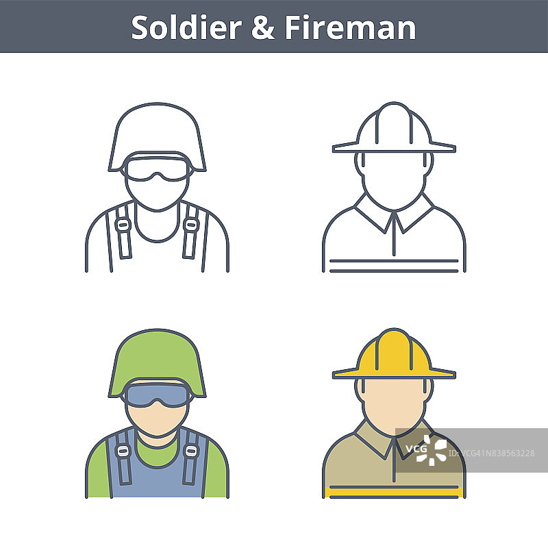 职业线性角色设置:消防员，士兵。轮廓图标。图片素材
