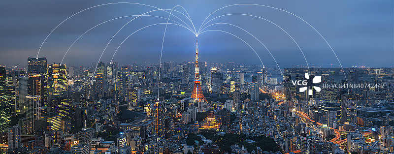 东京的天际线。全球通信的概念。图片素材
