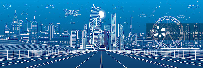宽阔的公路。城市基础设施全景图，未来城市背景，现代建筑。飞机飞行。蓝色背景上的白线，夜景，矢量设计艺术图片素材