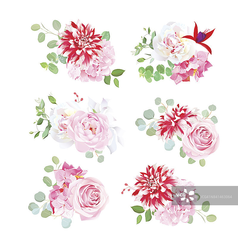 一小束粉色玫瑰，白色牡丹，红色杂色大丽花图片素材