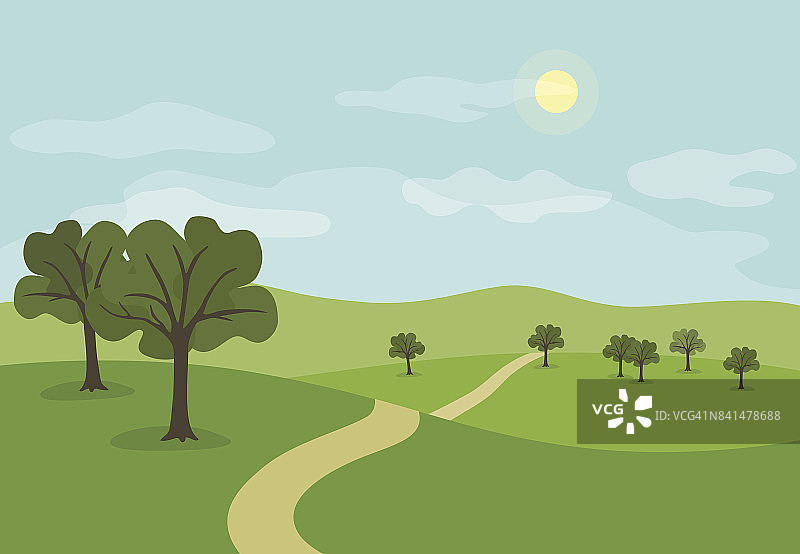 风景小径穿过夏天的绿色山丘和草地与树木，卡通矢量插图图片素材