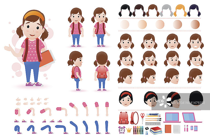 小女孩学生性格创造工具包模板与面部表情图片素材