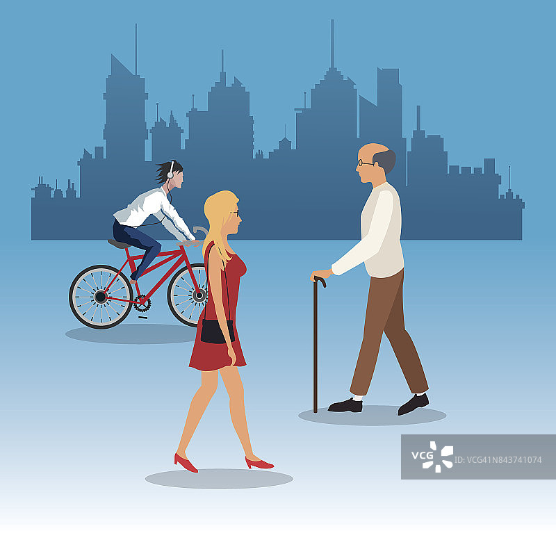 步行的女人，年长的男人，年轻的骑自行车的城市背景图片素材