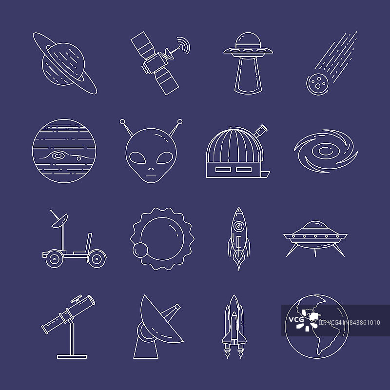太空旅行系列图标。行星，宇宙飞船，ufo，卫星，望远镜和其他宇宙象形图的集合元素图片素材