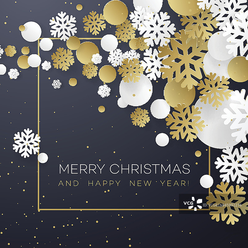 圣诞的背景用金色和白色的纸雪花在黑色。明信片，小册子，传单，海报的模板。矢量插图EPS1图片素材