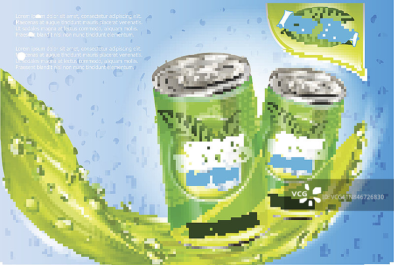 冰茶产品广告。向量3 d演示。软饮料铝罐模板设计。绿茶瓶广告海报布局图片素材