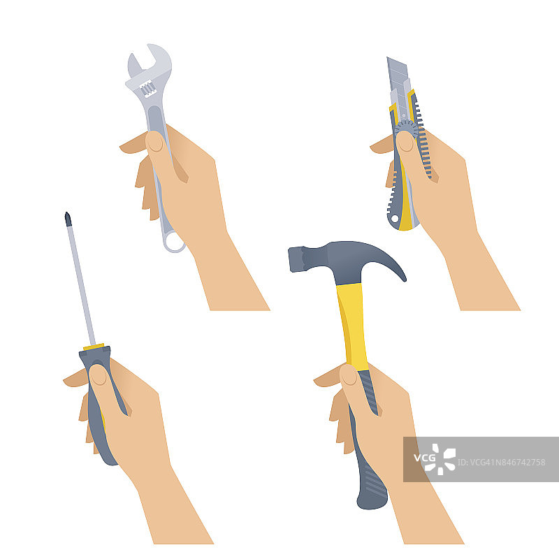 人手拿小工具:锤子、扳手、螺丝刀、刀。图片素材
