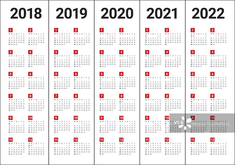 2018年2019年2020年2021年2022年日历矢量图片素材
