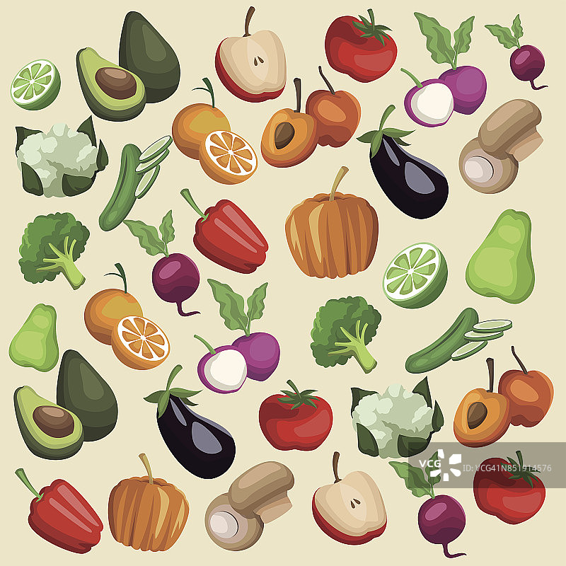 颜色背景与图案蔬菜水果健康食品套装图片素材