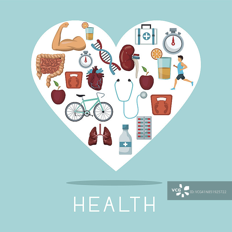 颜色背景与心脏形状框架与图标的健康元素图片素材
