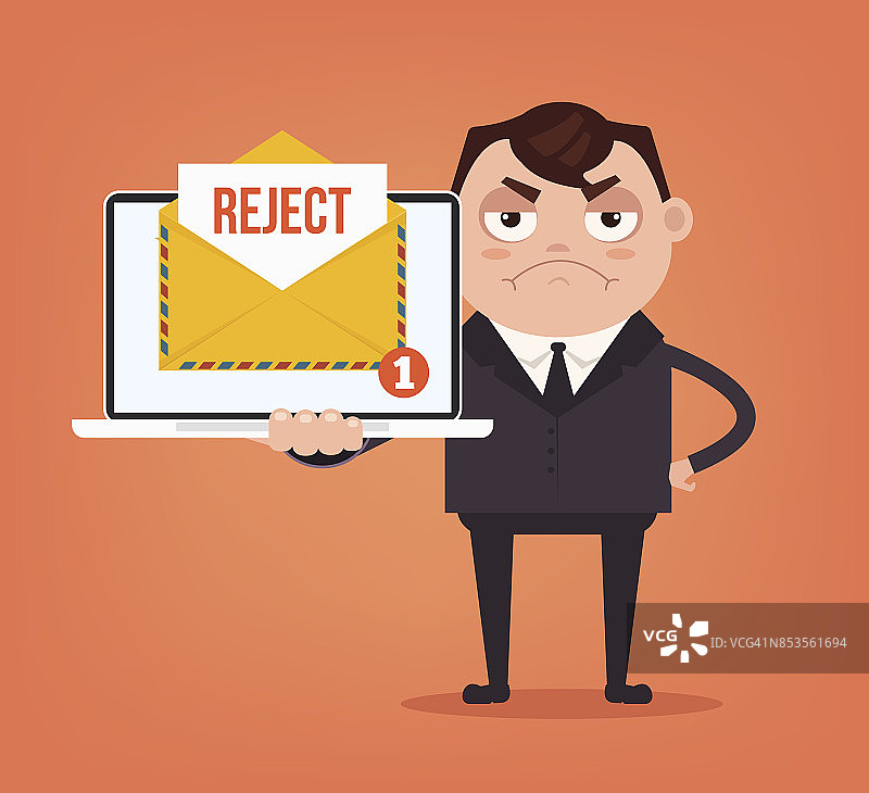 愤怒伤心的商人职员在网上通过电子邮件收到被拒绝的信件文件信封图片素材