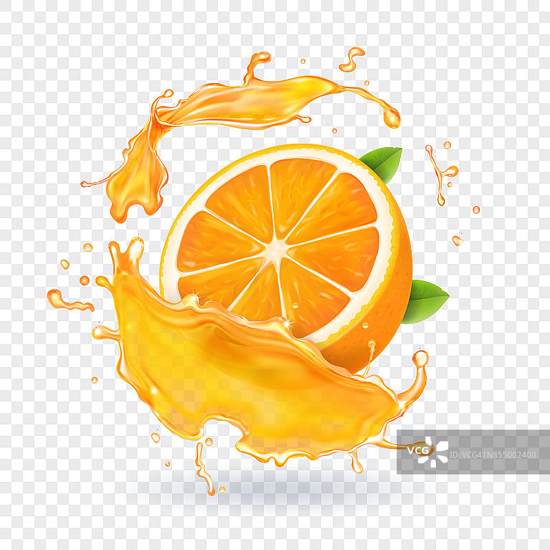 橙汁飞溅。逼真的3 d水果图片素材