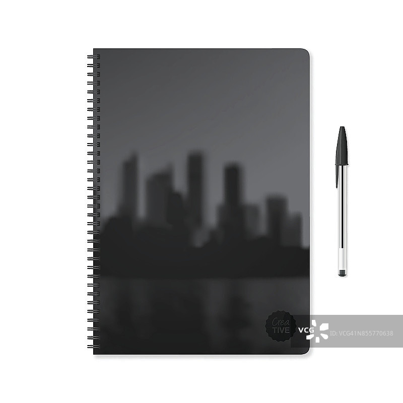 记事本模板与城市天际线在黑色和白色和圆珠笔图片素材