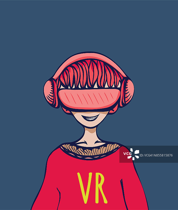 一个戴着眼镜的年轻人虚拟现实。矢量插图,孤立。图片素材