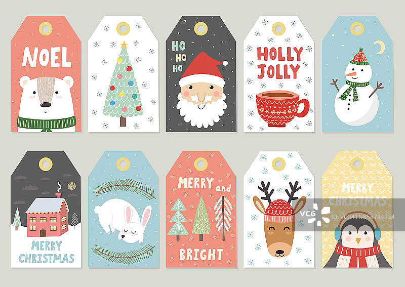 圣诞标签可爱的收藏。标签上有圣诞老人、小熊、兔子图片素材