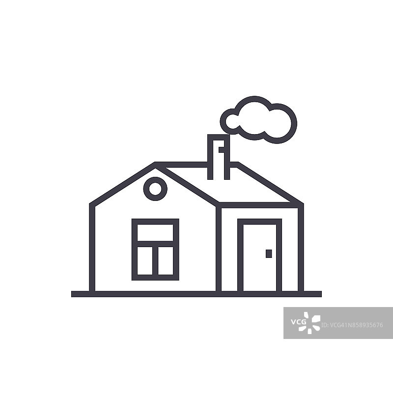 房子与烟囱向量线图标，标志，插图的背景，可编辑的笔画图片素材