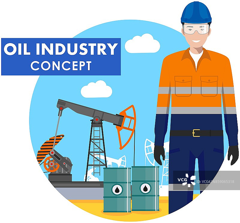石油工业的概念。详细说明工人的背景与油泵和桶与燃料平面风格在白色的背景。矢量插图。图片素材