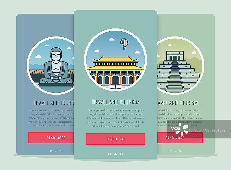旅游组成著名的世界地标镰仓，奇琴伊察，北京。旅行和旅游。网站模板的概念。向量图片素材
