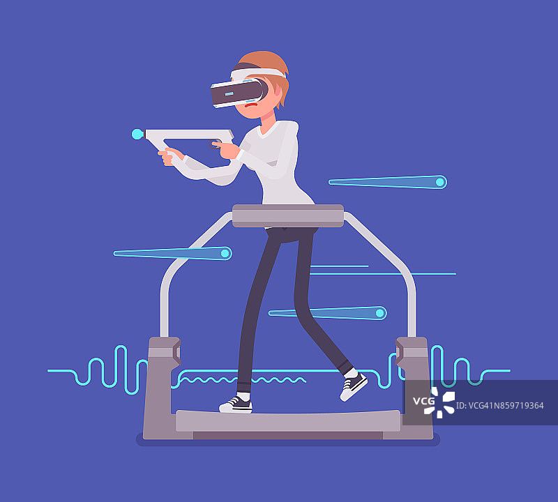 虚拟现实女人与瞄准控制器在游戏跑步机上图片素材