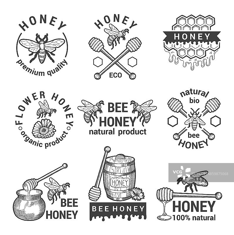 黑白标签设置蜂蜜，蜜蜂和蜂窝图片素材