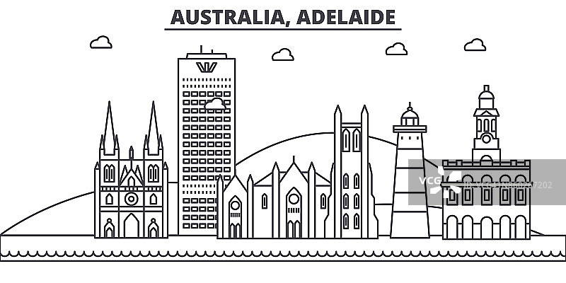 澳大利亚，阿德莱德建筑线天际线插图。线性向量的城市景观与著名的地标，城市景观，设计图标。风景与可编辑的笔触图片素材
