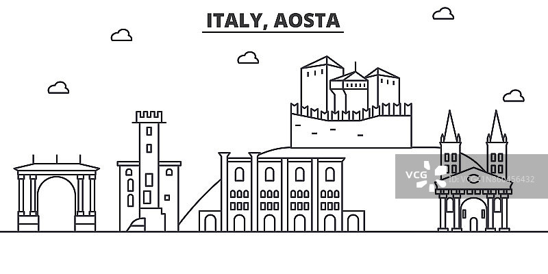 意大利奥斯塔建筑线条天际线插图。线性向量的城市景观与著名的地标，城市景观，设计图标。风景与可编辑的笔触图片素材
