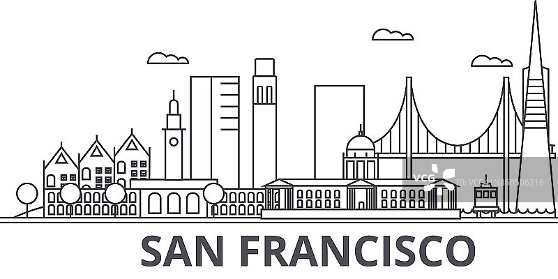 旧金山建筑线天际线插图。线性向量的城市景观与著名的地标，城市景观，设计图标。风景与可编辑的笔触图片素材