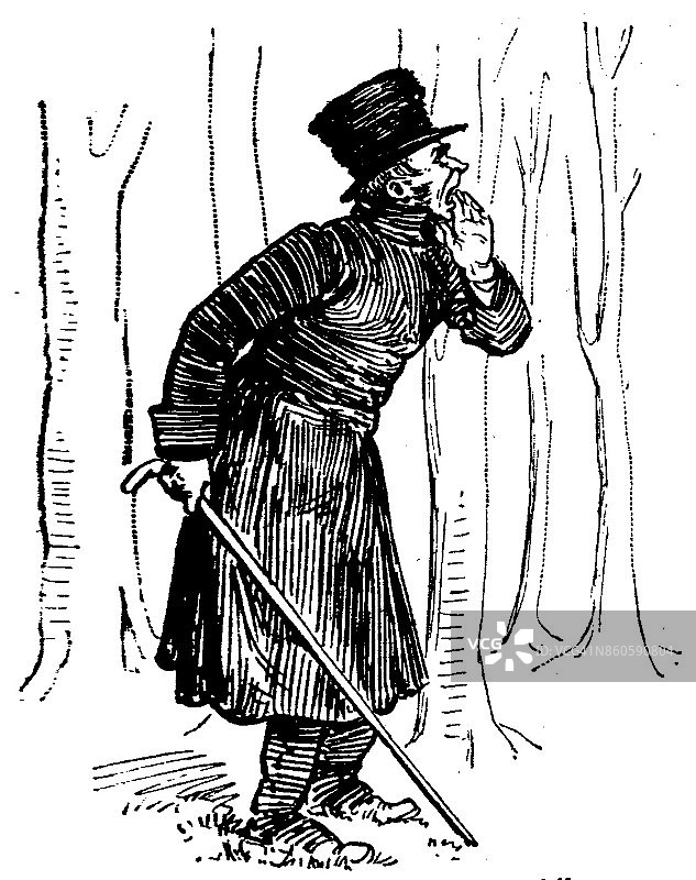 这是一幅19世纪的儿童故事插图，描绘了一个穿着大衣、戴着大礼帽的男人在喊着找人;维多利亚时代的童话;1893图片素材
