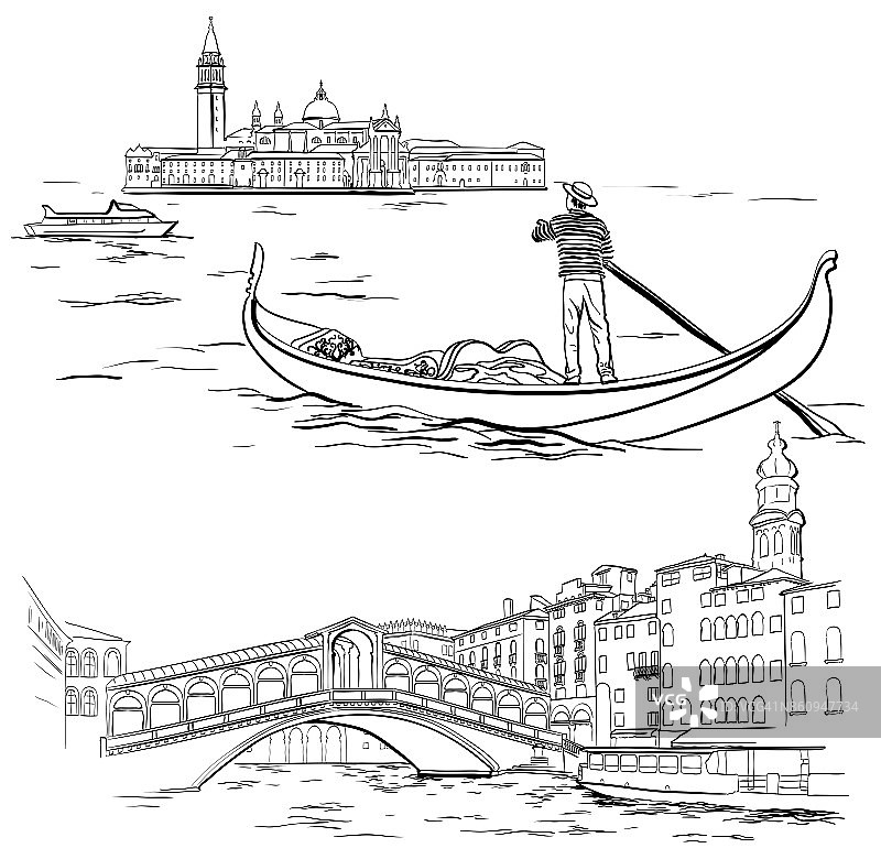 威尼斯里亚托桥，丽都岛附近的冈多里耶图片素材